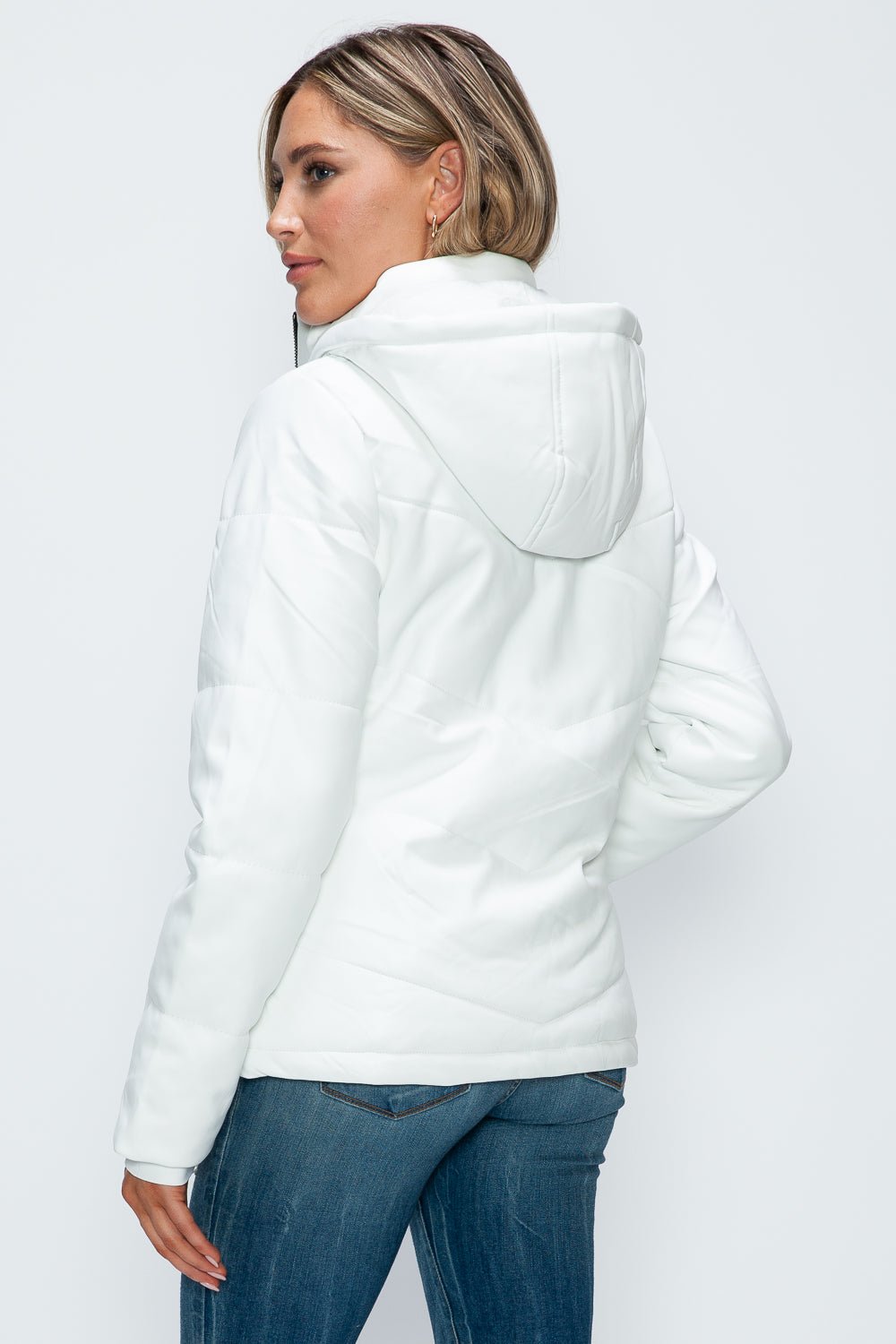 HOW DARE U - White Vegan Leather Zip Up Puffer Jacket