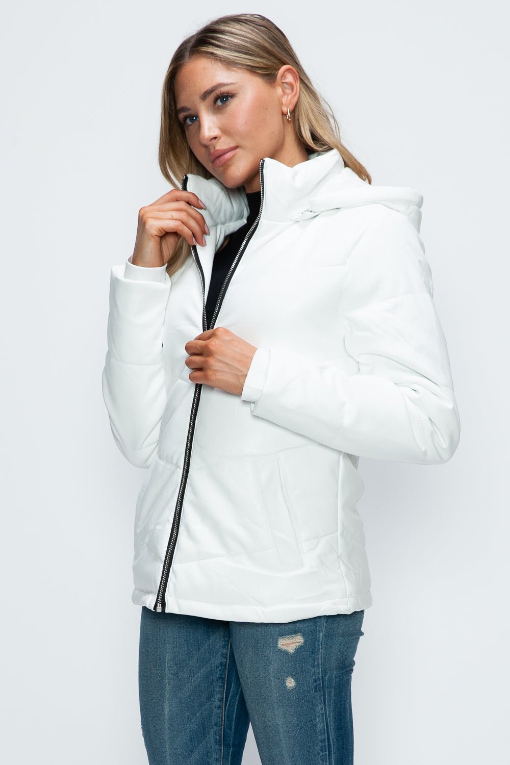 HOW DARE U - White Vegan Leather Zip Up Puffer Jacket