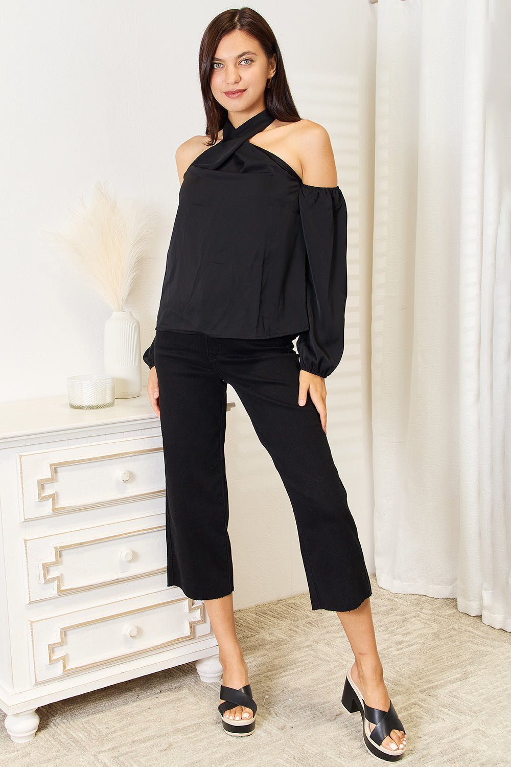 HUNDREDTH - Black Grecian Neckline Cold Shoulder Long Sleeve Blouse