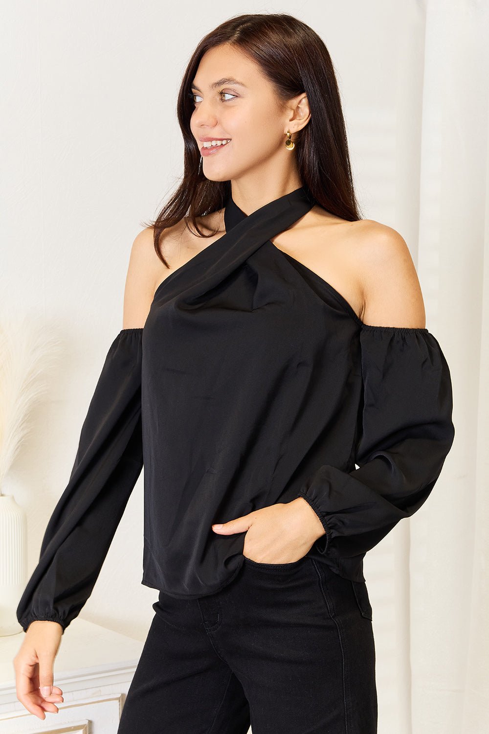 HUNDREDTH - Black Grecian Neckline Cold Shoulder Long Sleeve Blouse