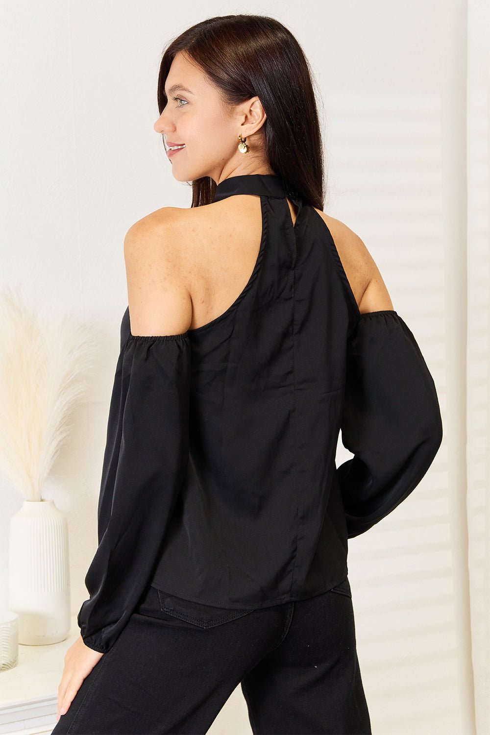 HUNDREDTH - Black Grecian Neckline Cold Shoulder Long Sleeve Blouse