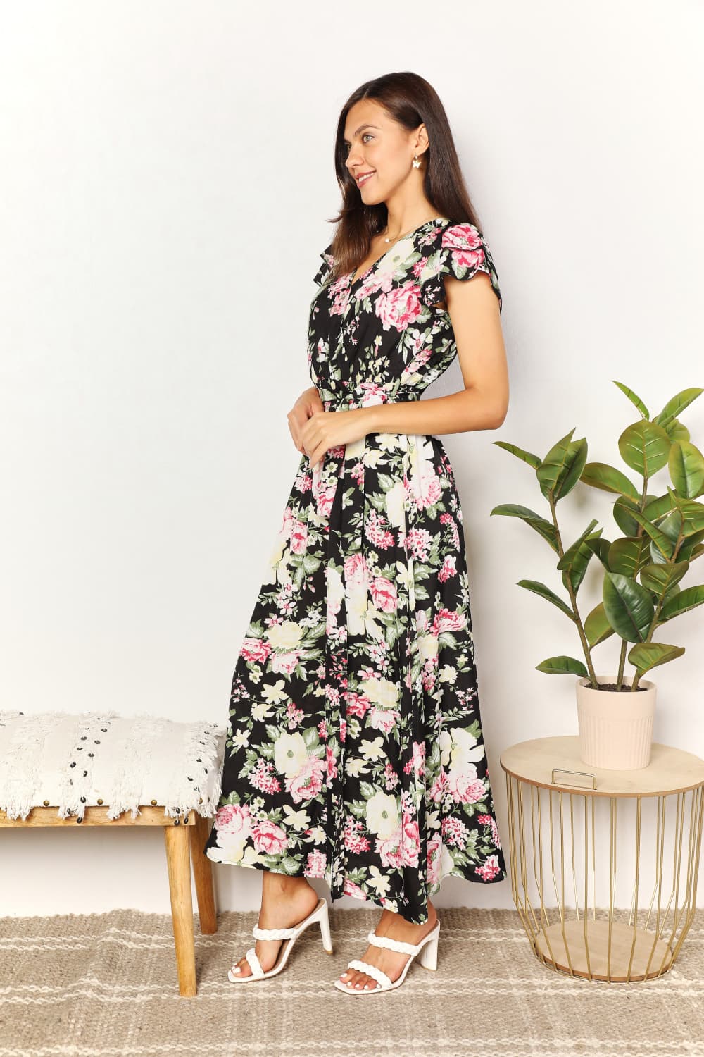 HUNDREDTH - Floral Flutter Short Sleeve Maxi Wrap Dress in Black