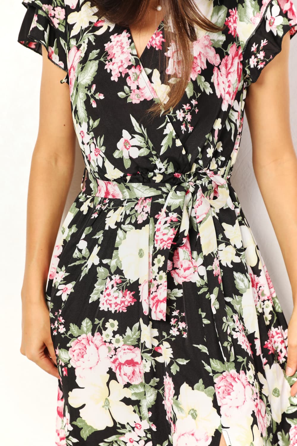 HUNDREDTH - Floral Flutter Short Sleeve Maxi Wrap Dress in Black