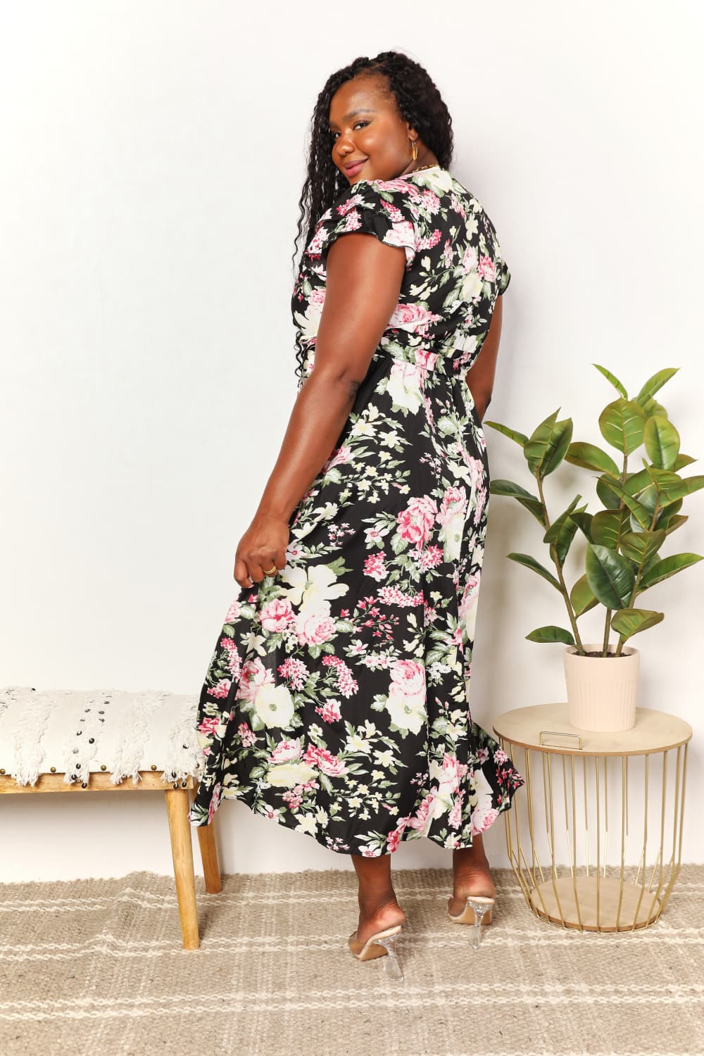 HUNDREDTH - Floral Flutter Short Sleeve Maxi Wrap Dress in Black