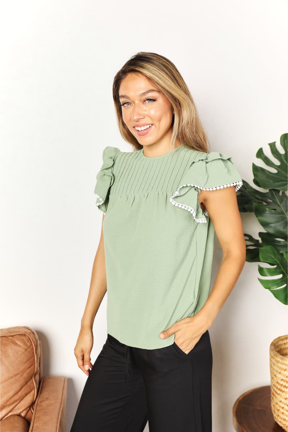 HUNDREDTH - Pleated Yoke Flutter Sleeve Blouse in Light Green