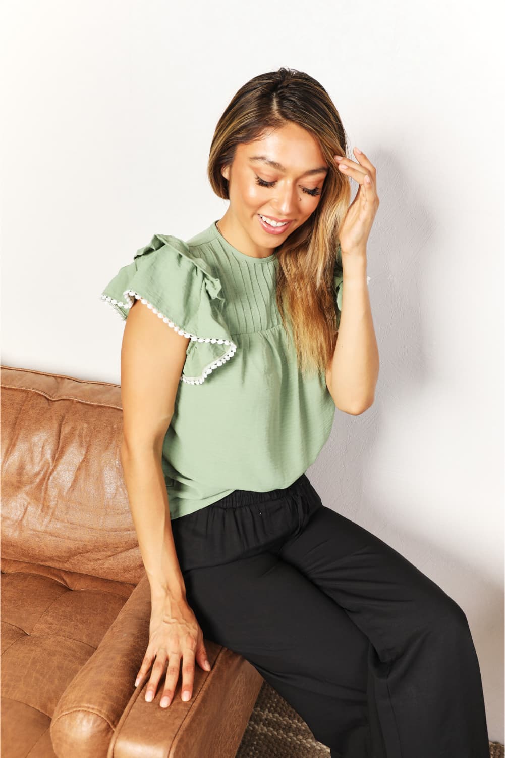 HUNDREDTH - Pleated Yoke Flutter Sleeve Blouse in Light Green