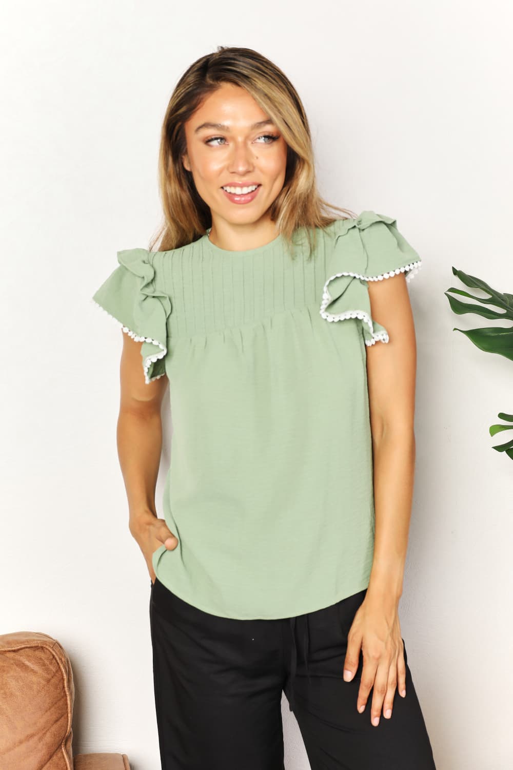 HUNDREDTH - Pleated Yoke Flutter Sleeve Blouse in Light Green