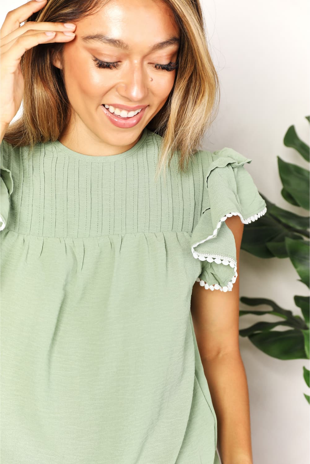 HUNDREDTH - Pleated Yoke Flutter Sleeve Blouse in Light Green