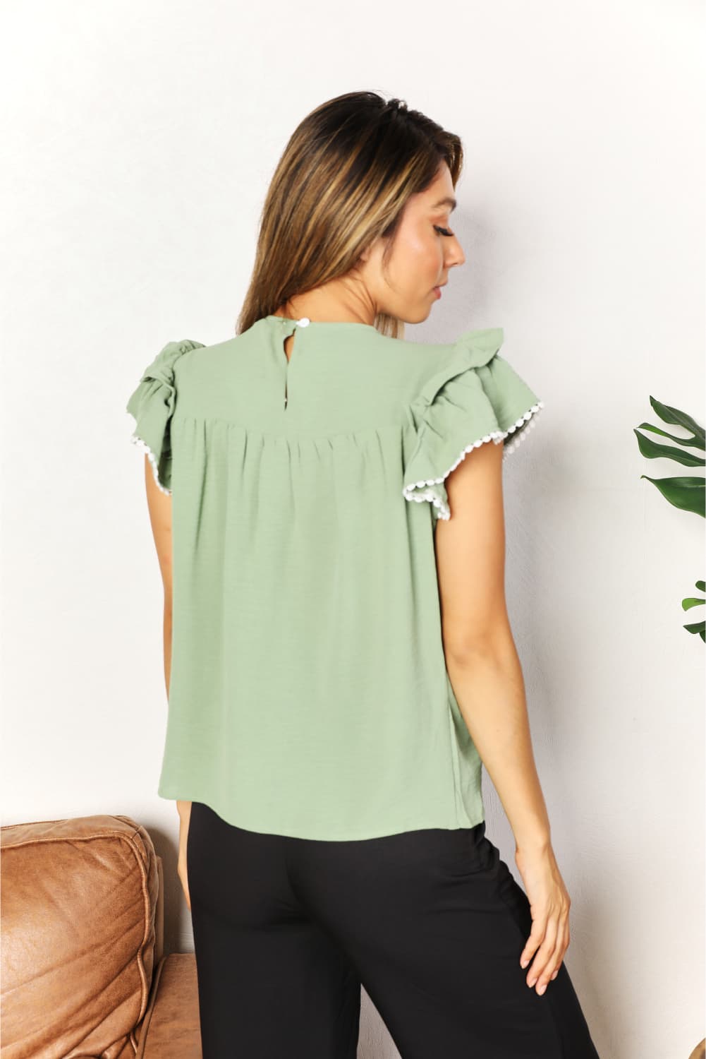 HUNDREDTH - Pleated Yoke Flutter Sleeve Blouse in Light Green