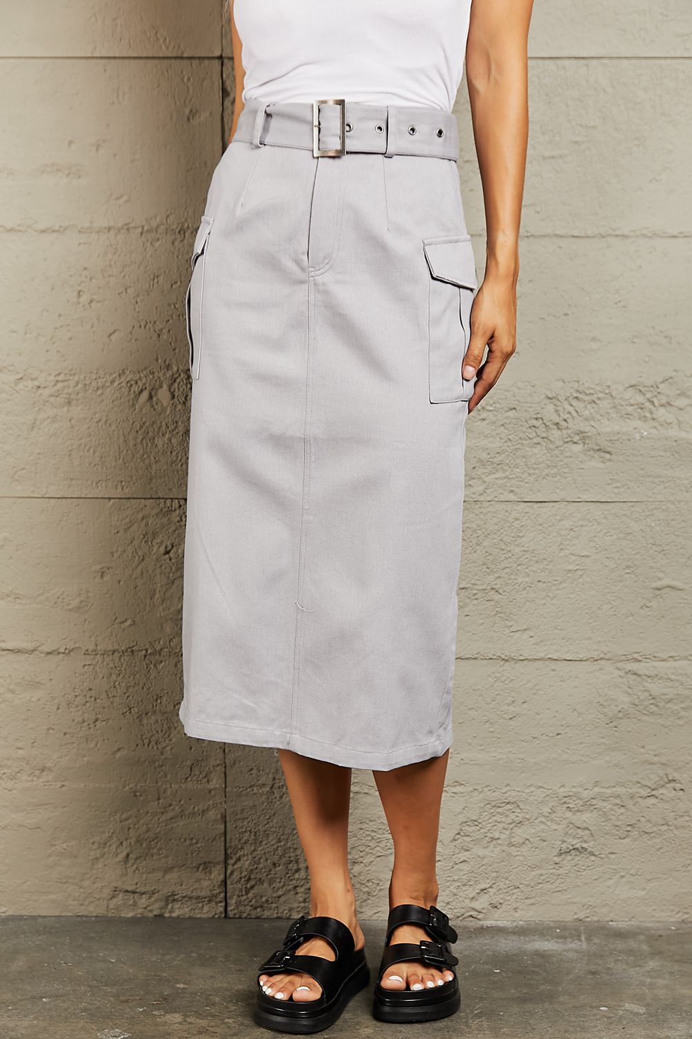 HYFVE - Belted Cargo Midi Skirt in Light Gray