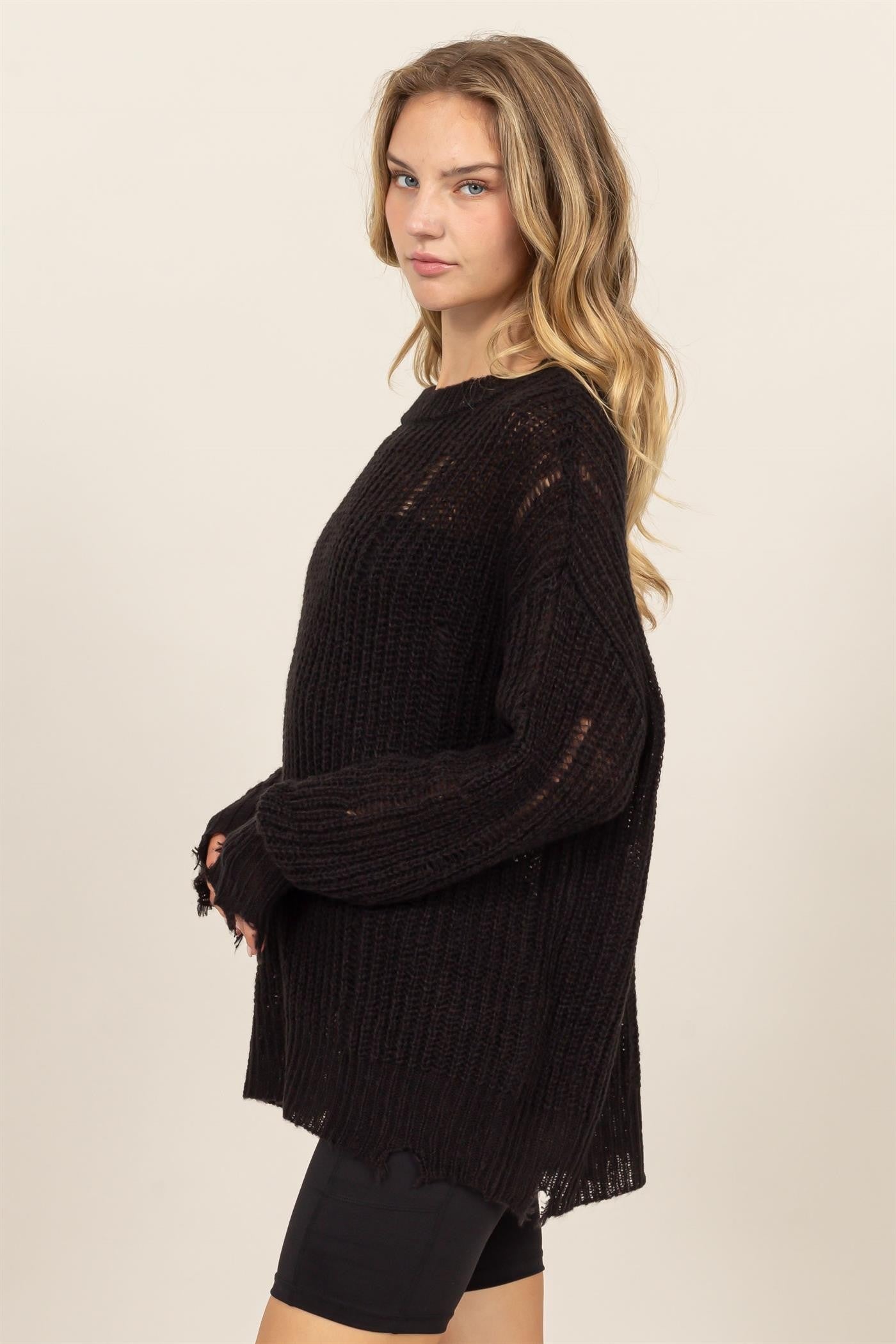 HYFVE - Black Distressed Long Sleeve Knit Top