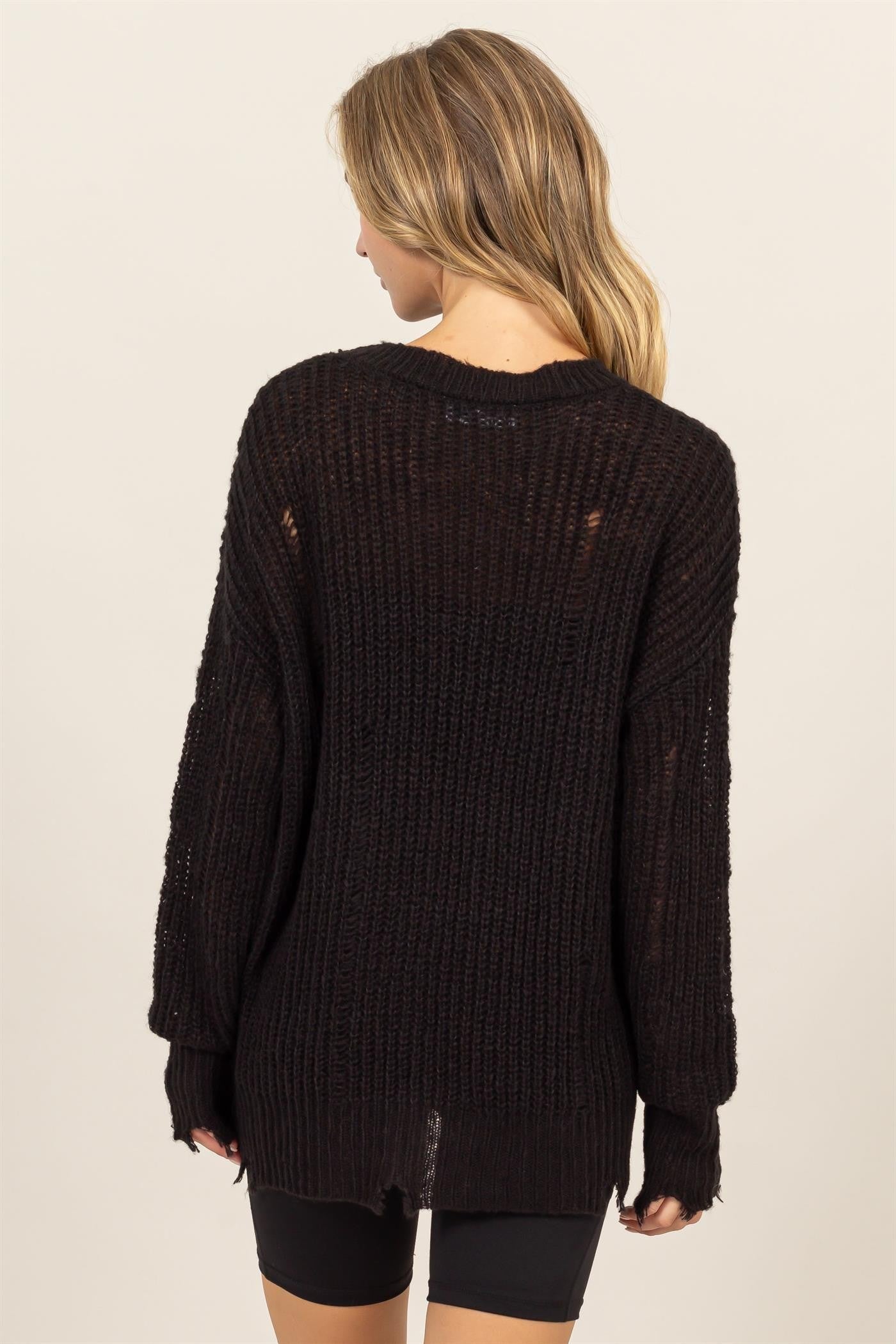 HYFVE - Black Distressed Long Sleeve Knit Top