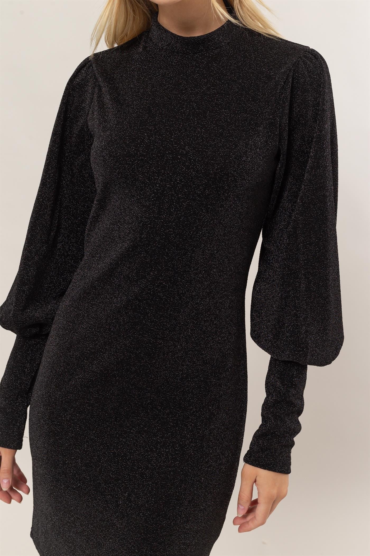 HYFVE - Black Glitter Mock Neck Mini Dress