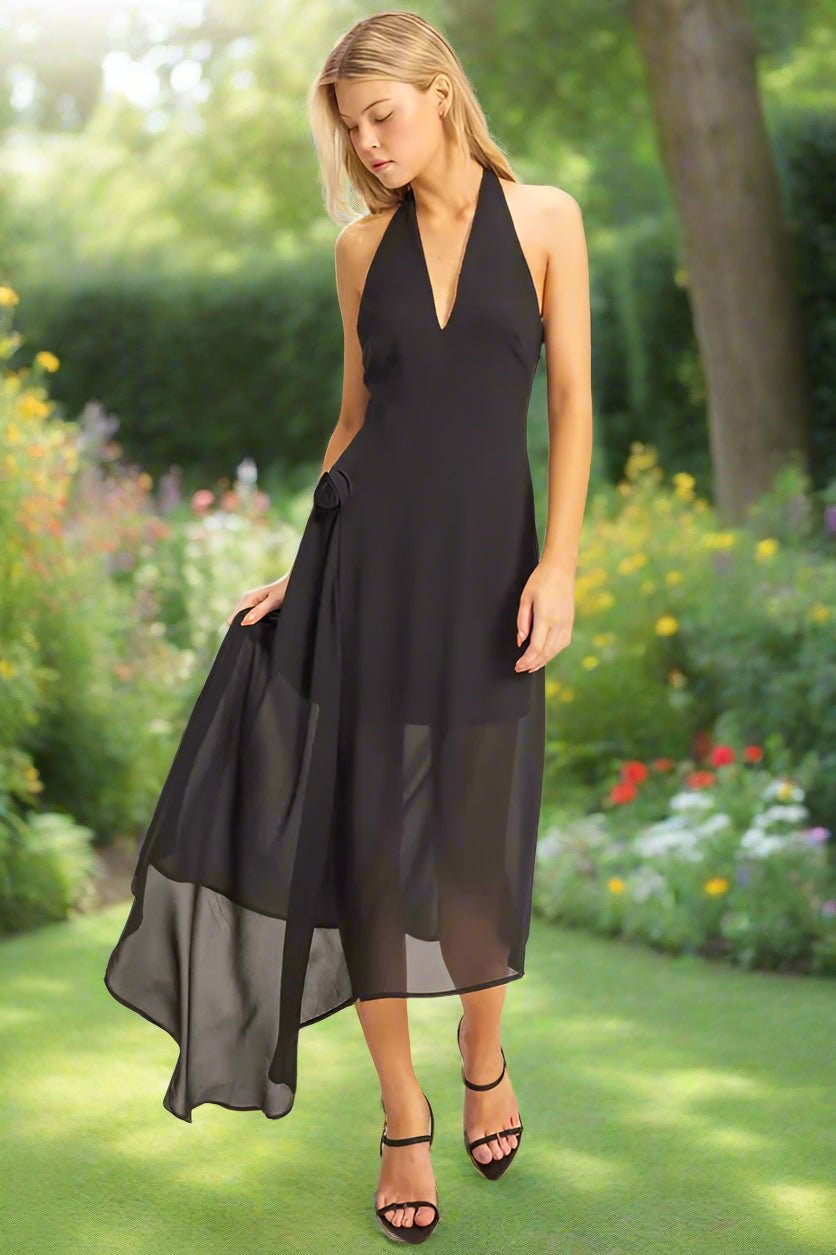 HYFVE - Black Halter Neck Sheer Hem Midi Dress
