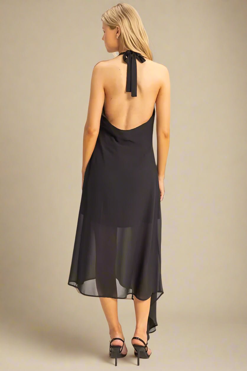 HYFVE - Black Halter Neck Sheer Hem Midi Dress