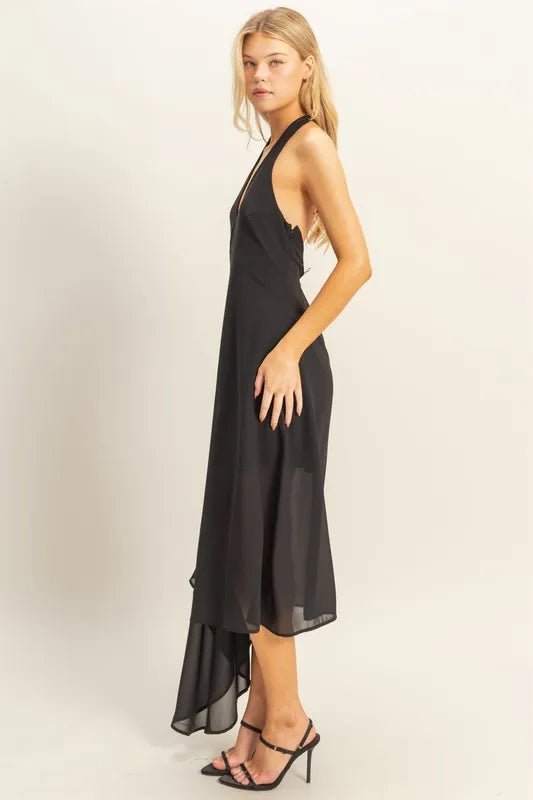 HYFVE - Black Halter Neck Sheer Hem Midi Dress