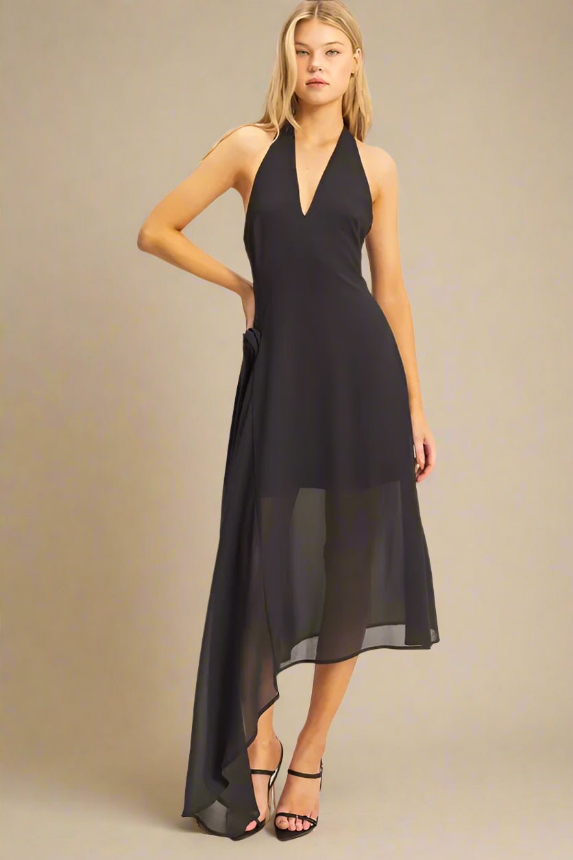 HYFVE - Black Halter Neck Sheer Hem Midi Dress