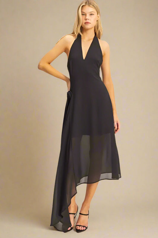 HYFVE - Black Halter Neck Sheer Hem Midi Dress