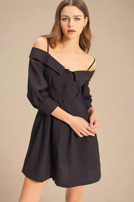 HYFVE - Black Off - Shoulder Button Mini Dress