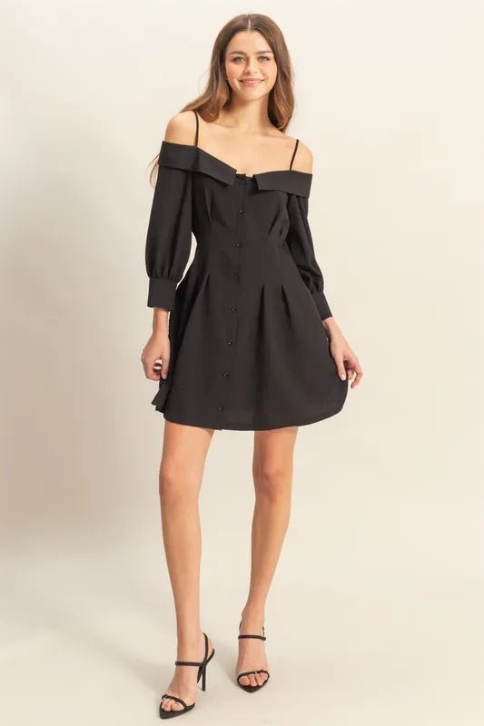 HYFVE - Black Off - Shoulder Button Mini Dress