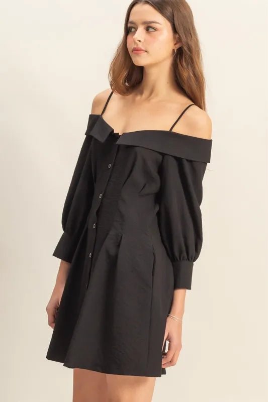 HYFVE - Black Off - Shoulder Button Mini Dress