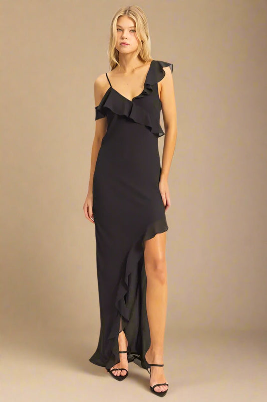 HYFVE - Black One Shoulder Ruffle Maxi Dress