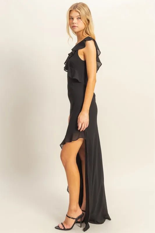 HYFVE - Black One Shoulder Ruffle Maxi Dress