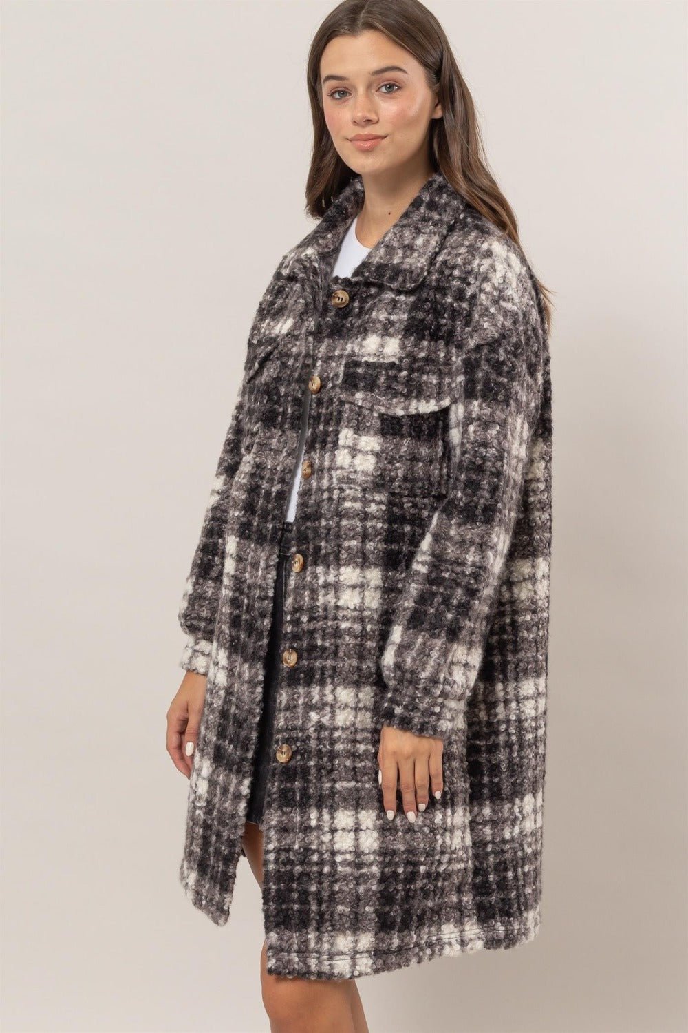 HYFVE - Black Plaid Button Down Longline Shacket