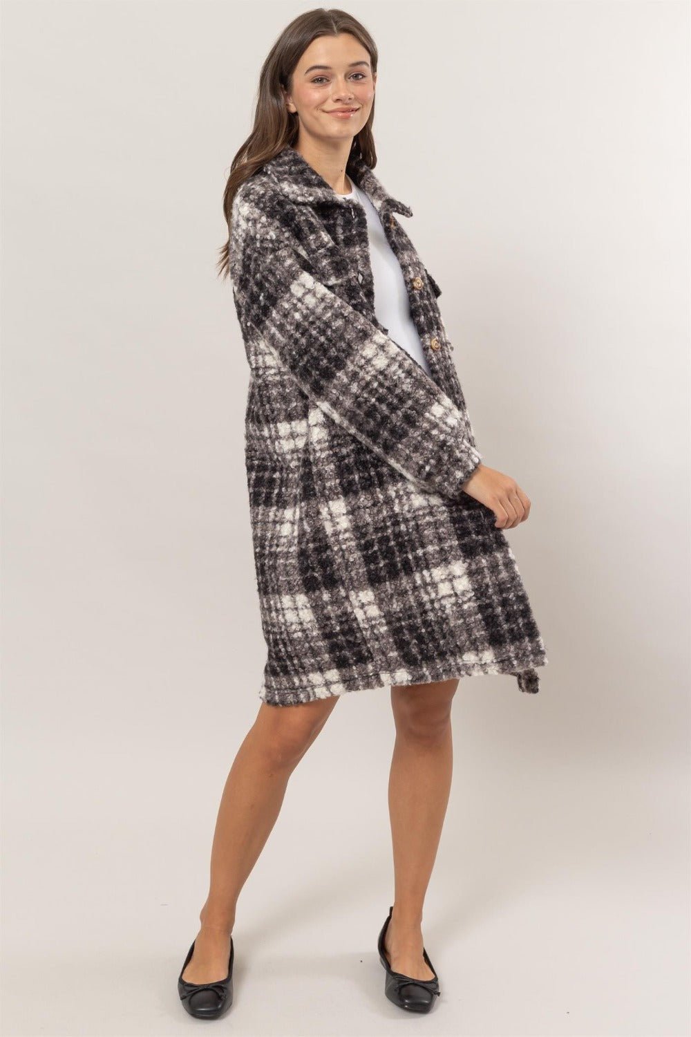 HYFVE - Black Plaid Button Down Longline Shacket