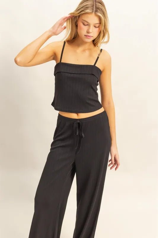 HYFVE - Black Rib Knit Lounge Set with Wide Leg Pants