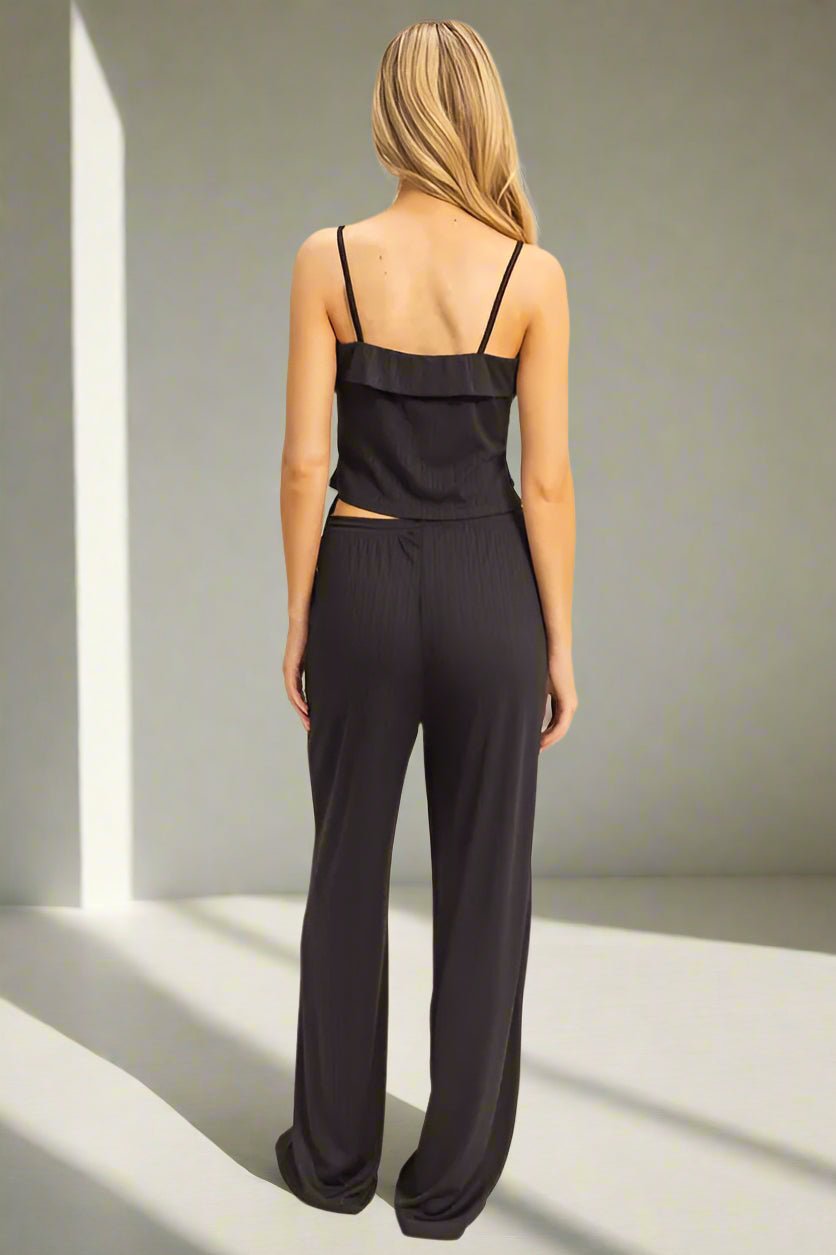 HYFVE - Black Rib Knit Lounge Set with Wide Leg Pants