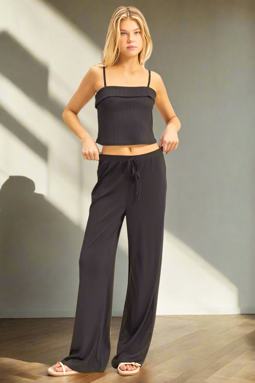 HYFVE - Black Rib Knit Lounge Set with Wide Leg Pants