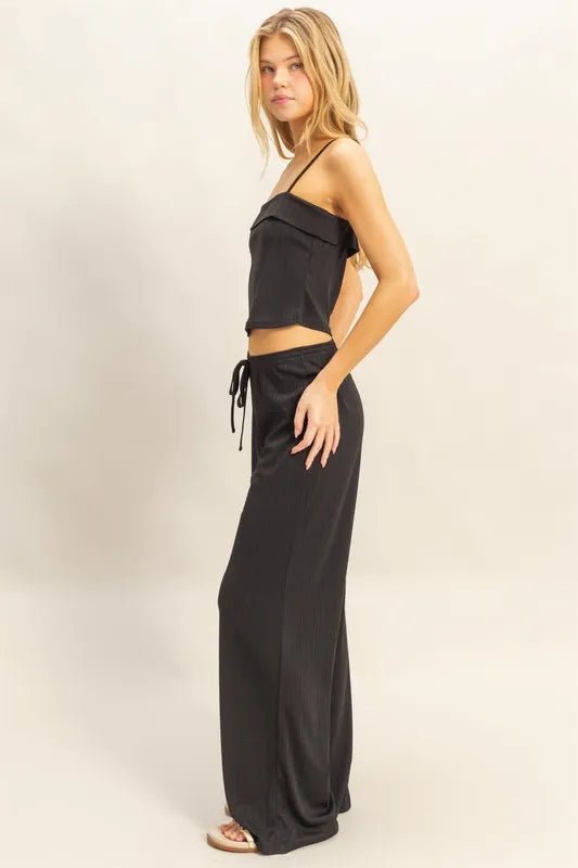 HYFVE - Black Rib Knit Lounge Set with Wide Leg Pants
