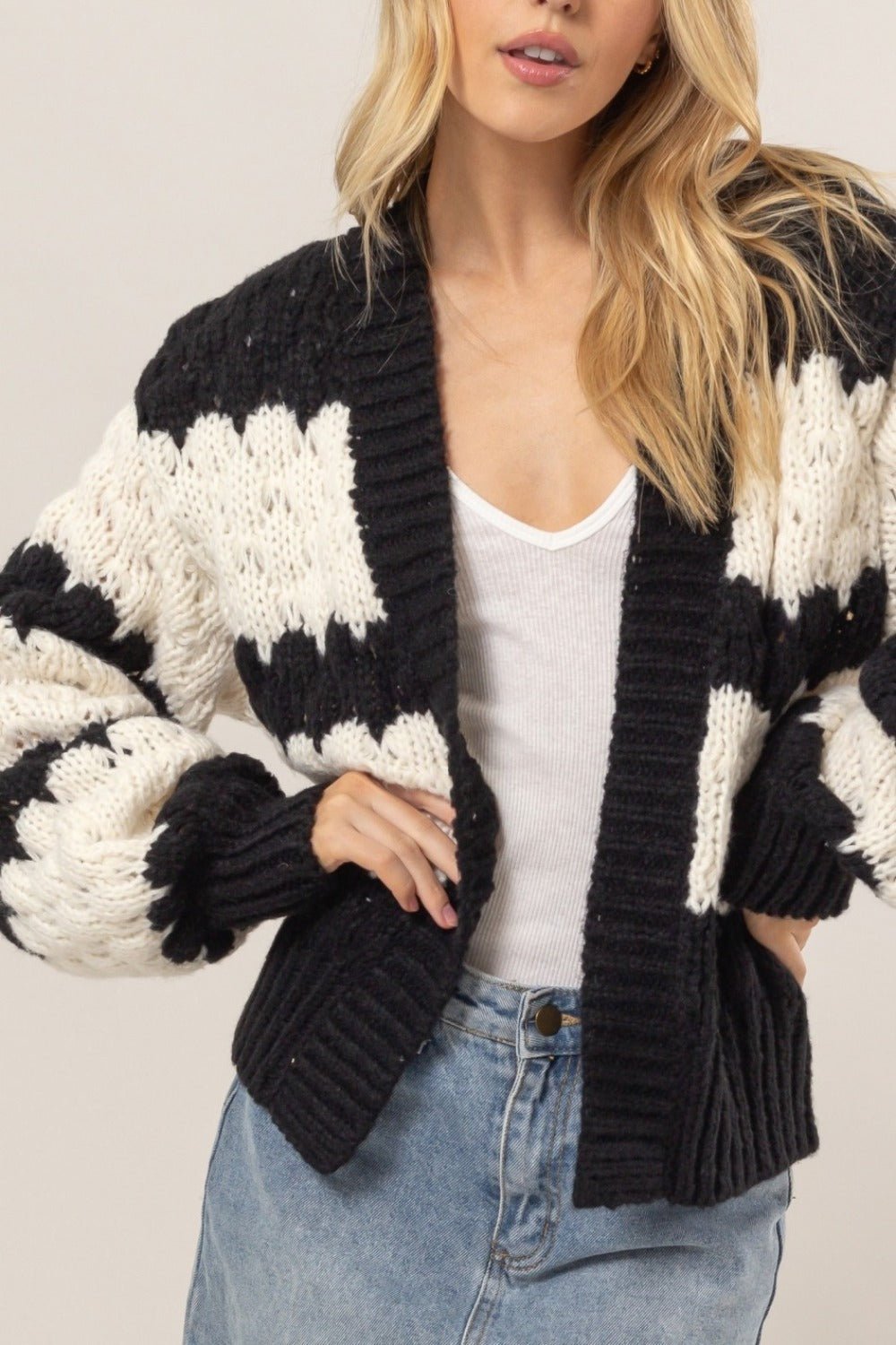 HYFVE - Black Scallop Striped Open Front Cardigan