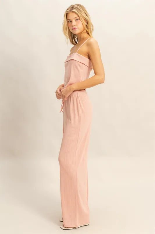 HYFVE - Blush Rib Knit Lounge Set with Wide Leg Pants