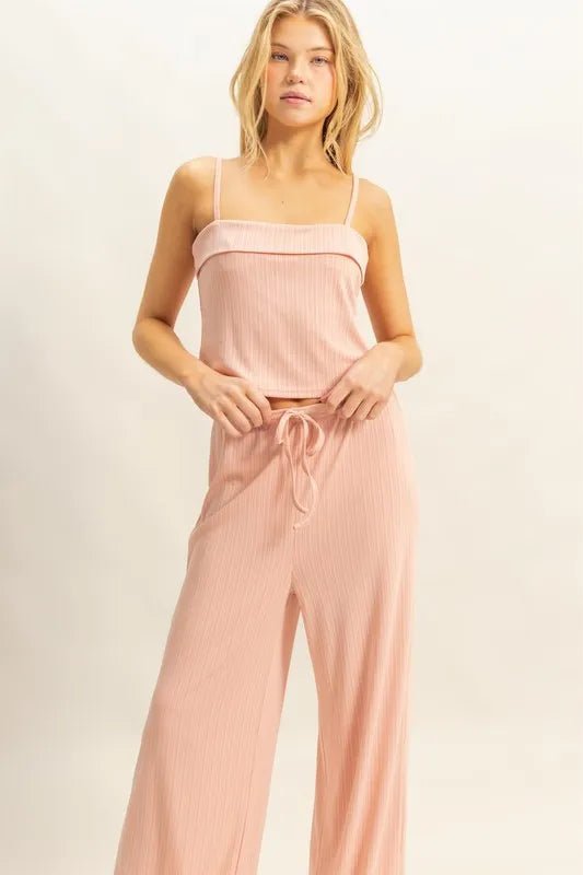 HYFVE - Blush Rib Knit Lounge Set with Wide Leg Pants
