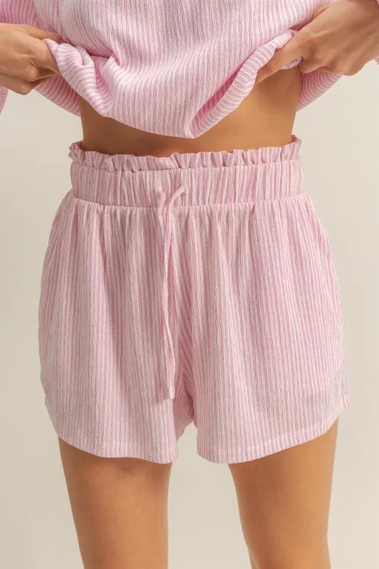 HYFVE - Blush Stripe Off Shoulder Shorts Set