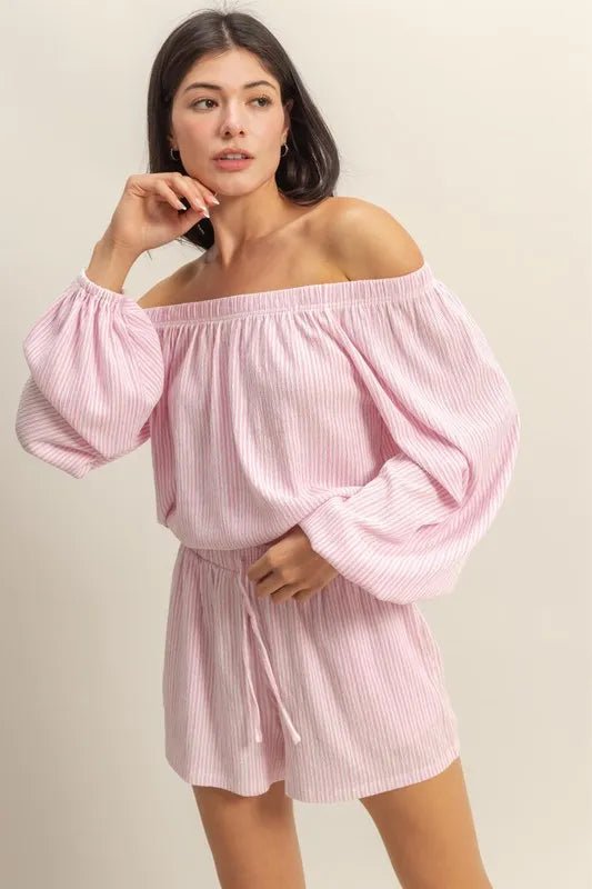HYFVE - Blush Stripe Off Shoulder Shorts Set