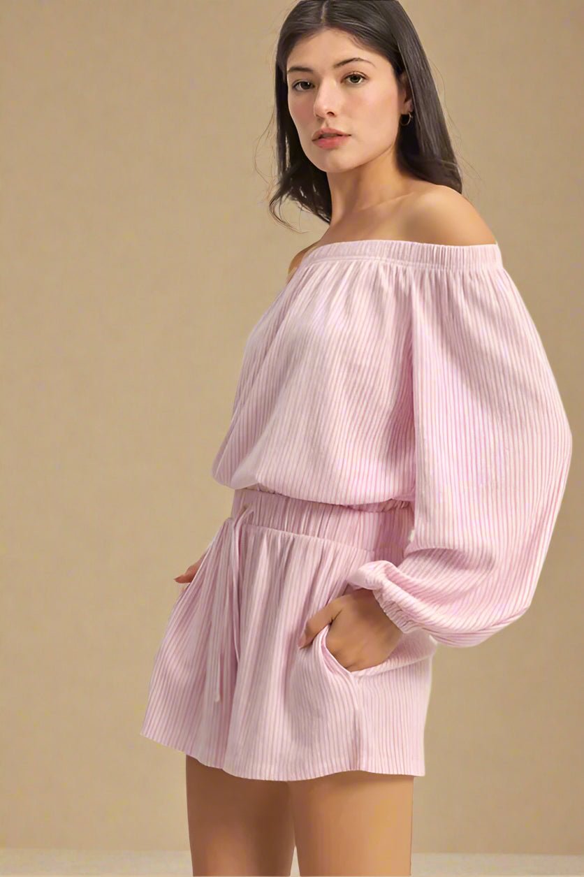 HYFVE - Blush Stripe Off Shoulder Shorts Set