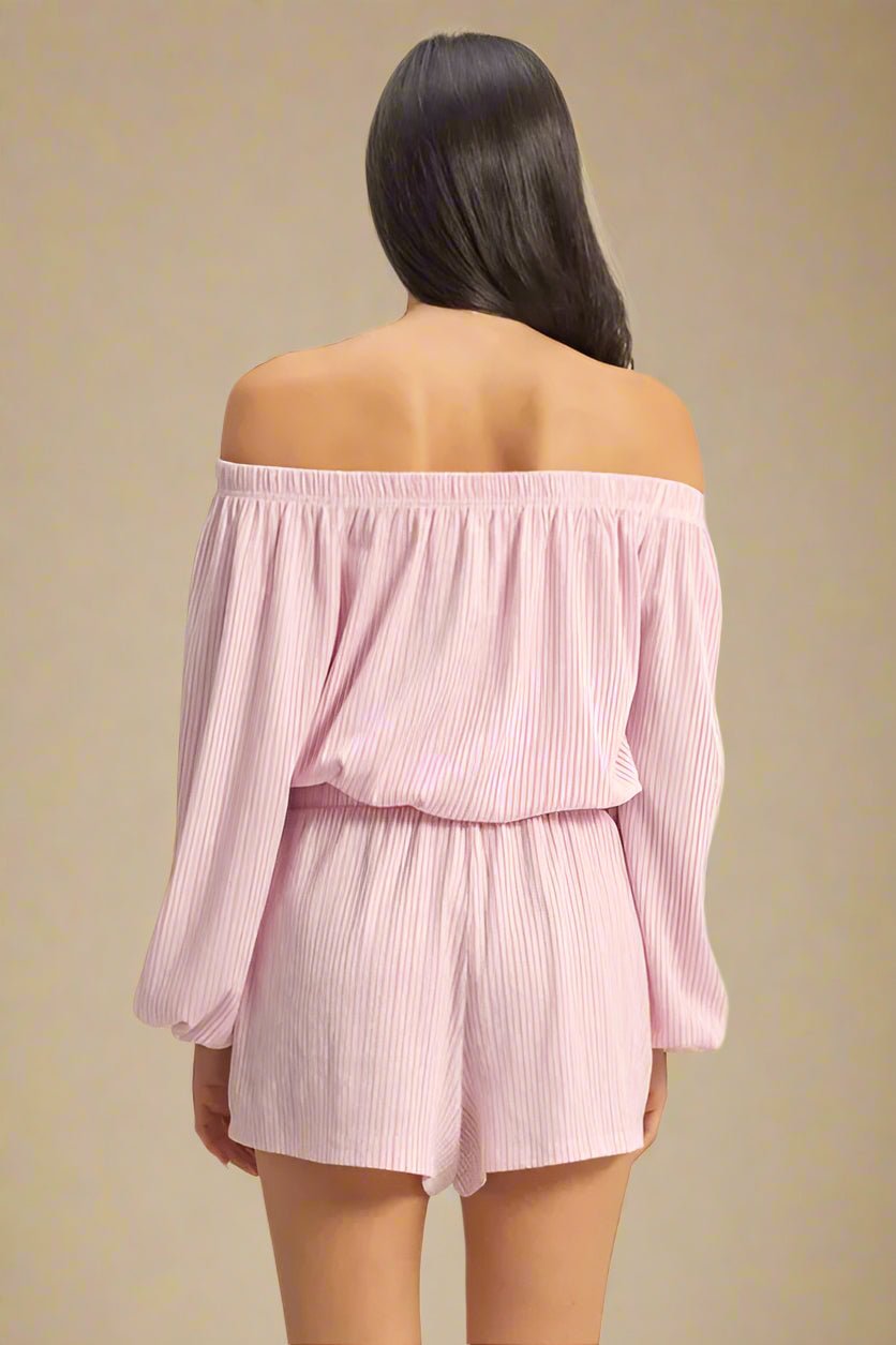 HYFVE - Blush Stripe Off Shoulder Shorts Set