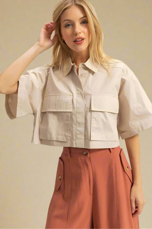 HYFVE - Boxy Utility Crop Shirt in Sand