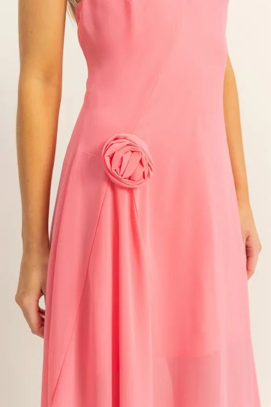 HYFVE - Bright Coral Pink Halter Neck Sheer Hem Midi Dress