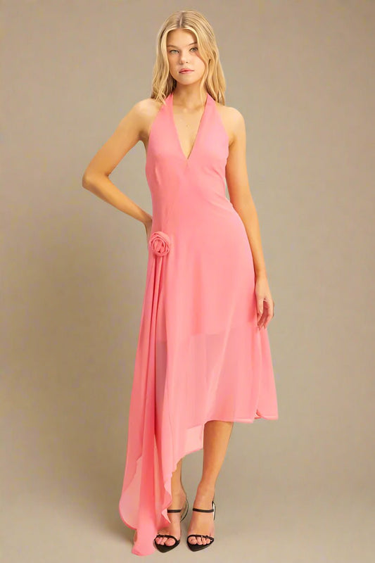 HYFVE - Bright Coral Pink Halter Neck Sheer Hem Midi Dress