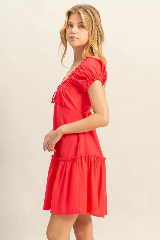 HYFVE - Bright Red Ruched Tiered Mini Dress