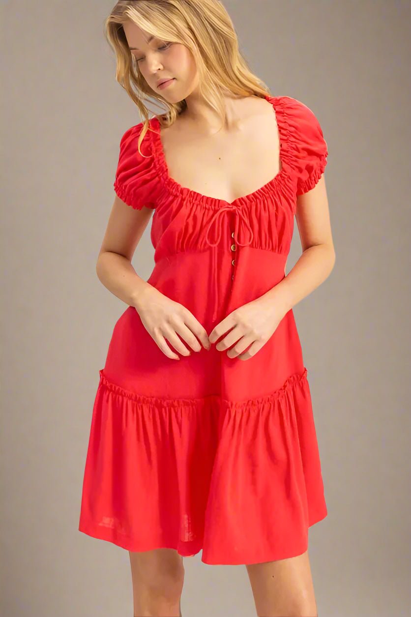 HYFVE - Bright Red Ruched Tiered Mini Dress