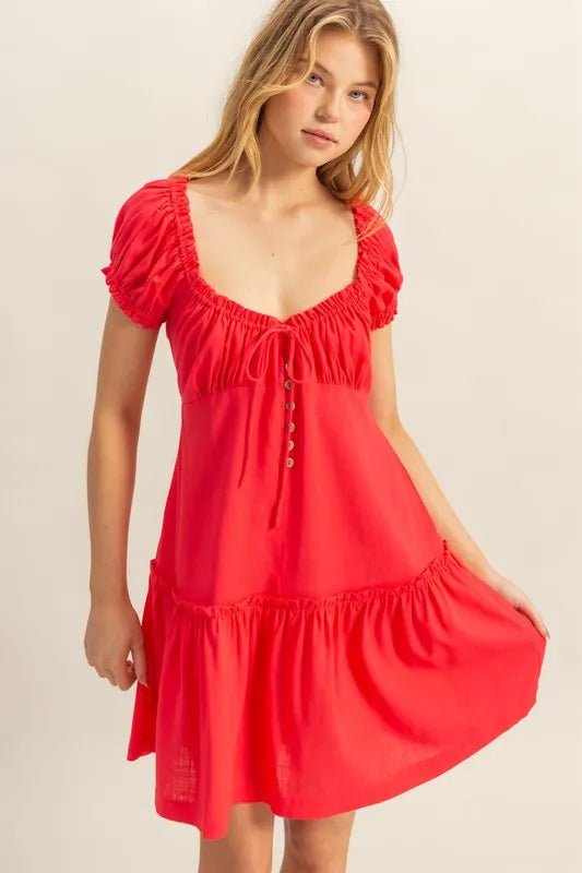 HYFVE - Bright Red Ruched Tiered Mini Dress