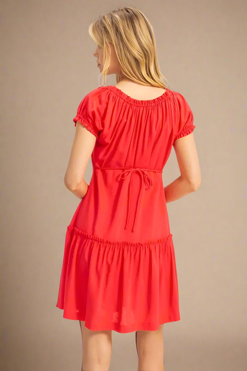 HYFVE - Bright Red Ruched Tiered Mini Dress