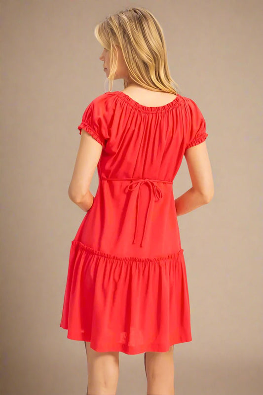 HYFVE - Bright Red Ruched Tiered Mini Dress