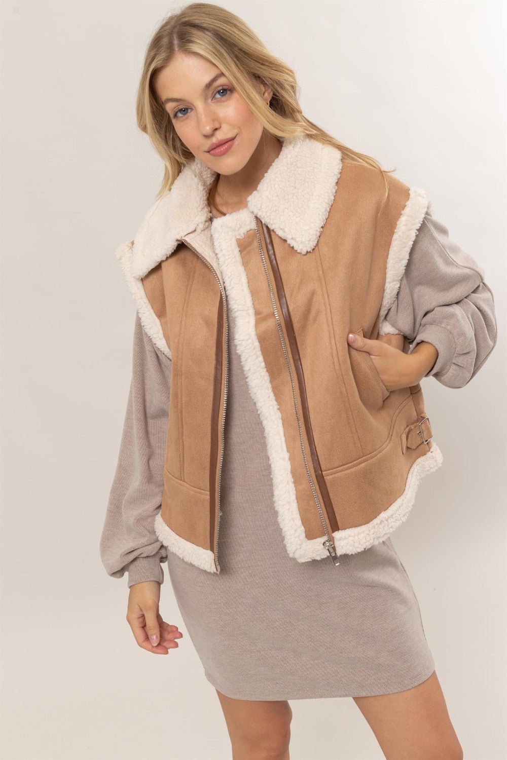 HYFVE - Brown Faux Fur Lined Zip Up Vegan Suede Vest