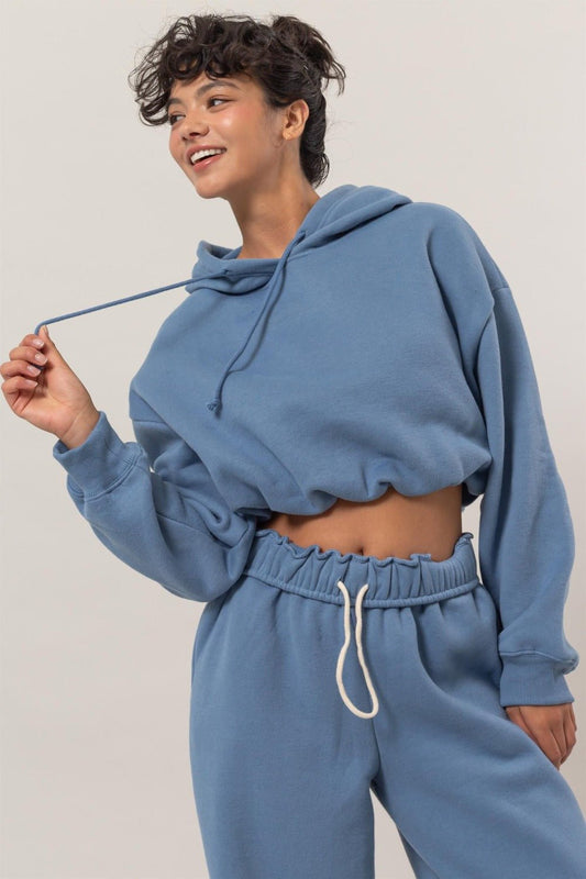 HYFVE - Bubble Hem Cropped Hoodie in Gray Blue